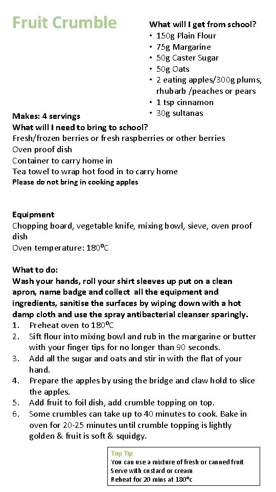 Fruit Crumble What will I get from school? • 150 g Plain Flour •