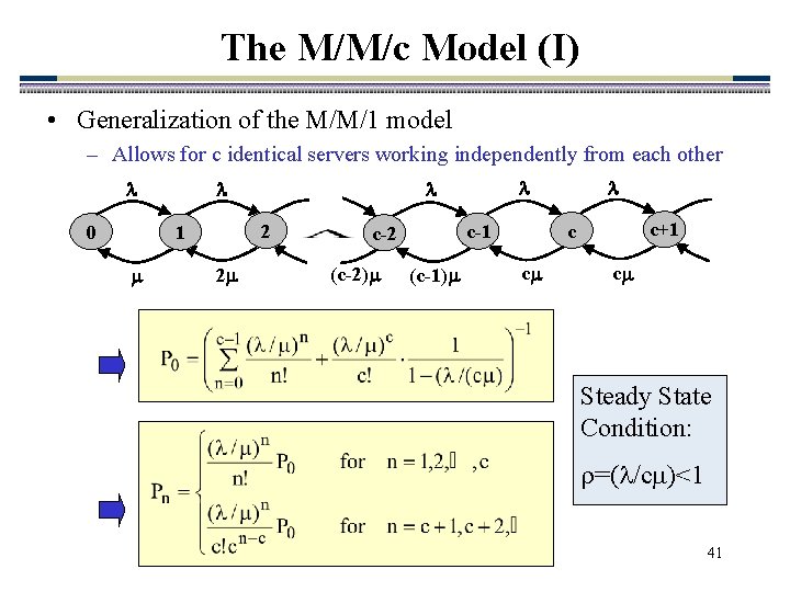 The M/M/c Model (I) • Generalization of the M/M/1 model – Allows for c