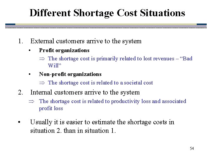Different Shortage Cost Situations 1. External customers arrive to the system • • Profit