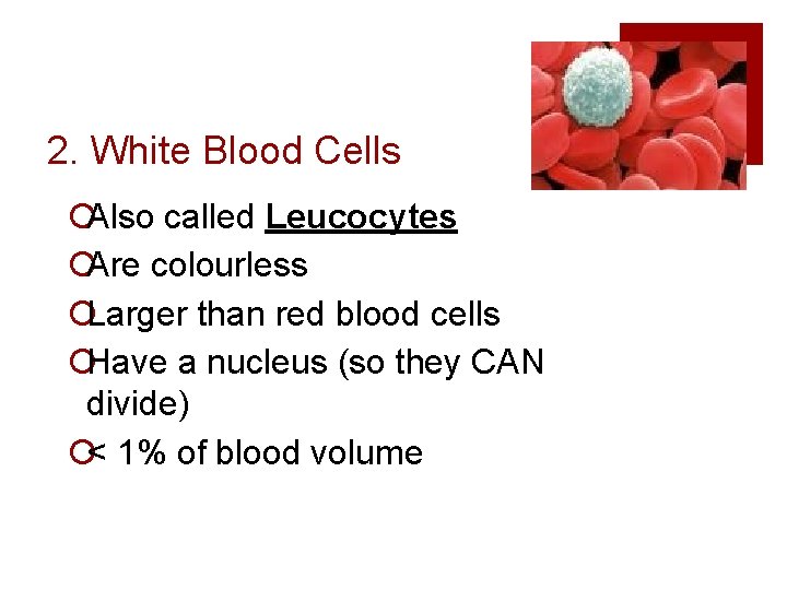 2. White Blood Cells ¡Also called Leucocytes ¡Are colourless ¡Larger than red blood cells