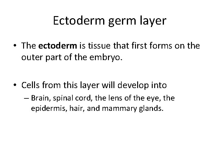 Ectoderm germ layer • The ectoderm is tissue that first forms on the outer