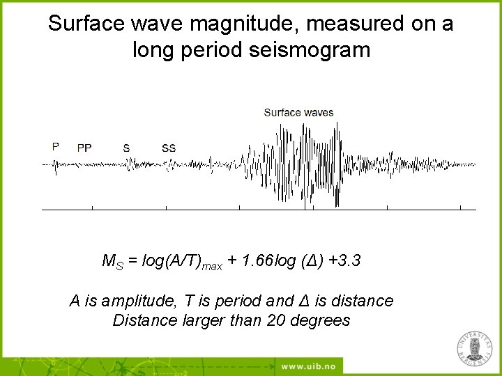 Surface wave magnitude, measured on a long period seismogram MS = log(A/T)max + 1.