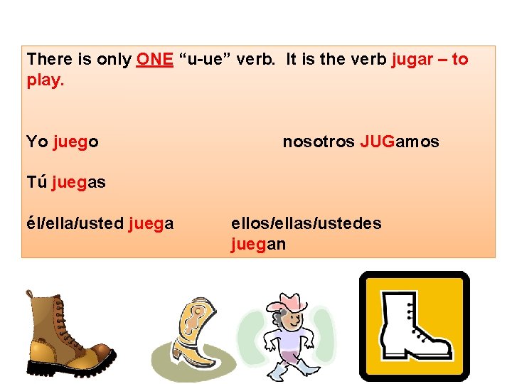 There is only ONE “u-ue” verb. It is the verb jugar – to play.