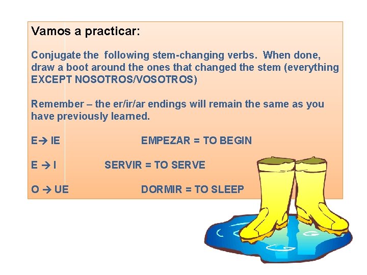 Vamos a practicar: Conjugate the following stem-changing verbs. When done, draw a boot around