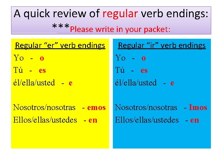 A quick review of regular verb endings: ***Please write in your packet: Regular “er”