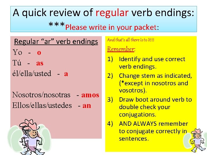 A quick review of regular verb endings: ***Please write in your packet: Regular “ar”