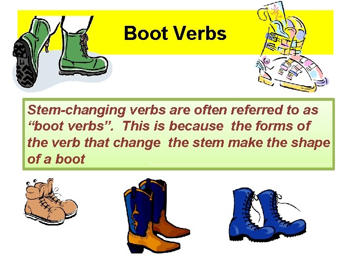 Boot Verbs Stem-changing verbs are often referred to as “boot verbs”. This is because