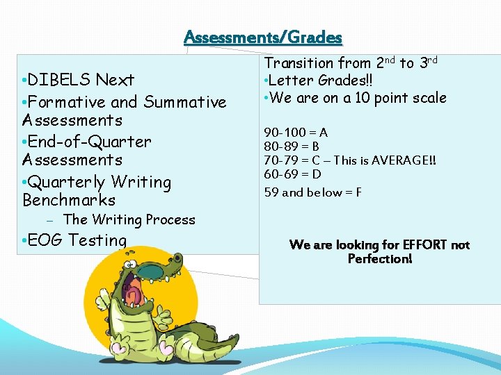 Assessments/Grades • DIBELS Next • Formative and Summative Assessments • End-of-Quarter Assessments • Quarterly