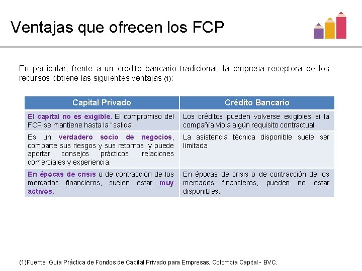 Ventajas que ofrecen los FCP En particular, frente a un crédito bancario tradicional, la