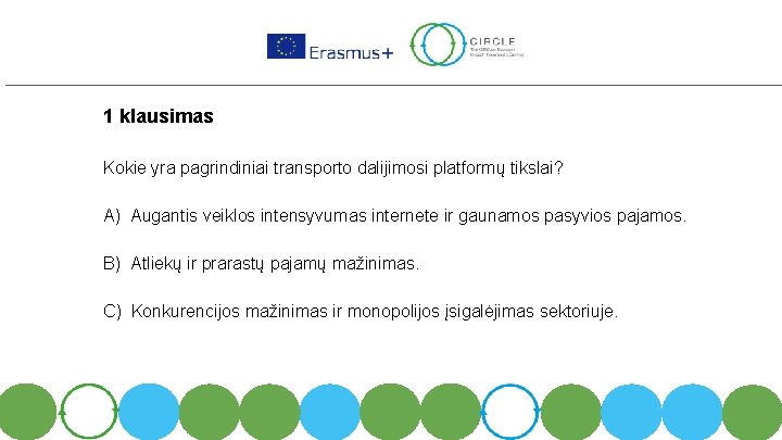 1 klausimas Kokie yra pagrindiniai transporto dalijimosi platformų tikslai? A) Augantis veiklos intensyvumas internete