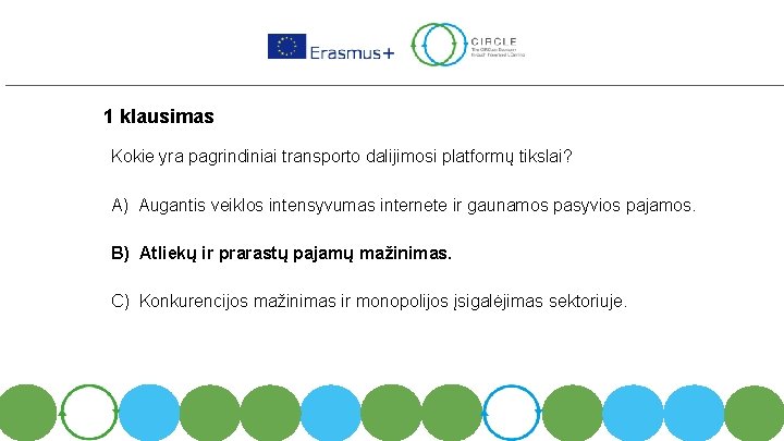 1 klausimas Kokie yra pagrindiniai transporto dalijimosi platformų tikslai? A) Augantis veiklos intensyvumas internete