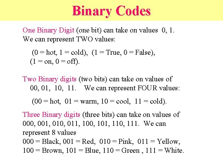 Binary Codes One Binary Digit (one bit) can take on values 0, 1. We