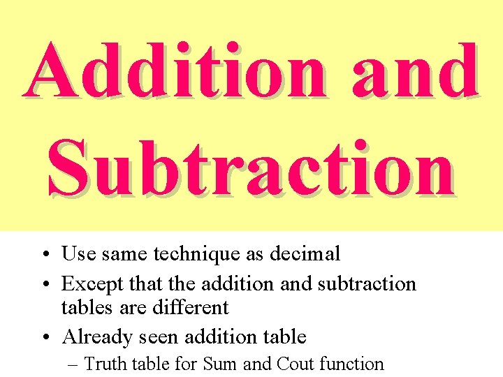 Addition and Subtraction • Use same technique as decimal • Except that the addition