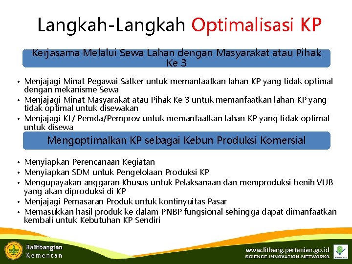 Langkah-Langkah Optimalisasi KP Kerjasama Melalui Sewa Lahan dengan Masyarakat atau Pihak Ke 3 •