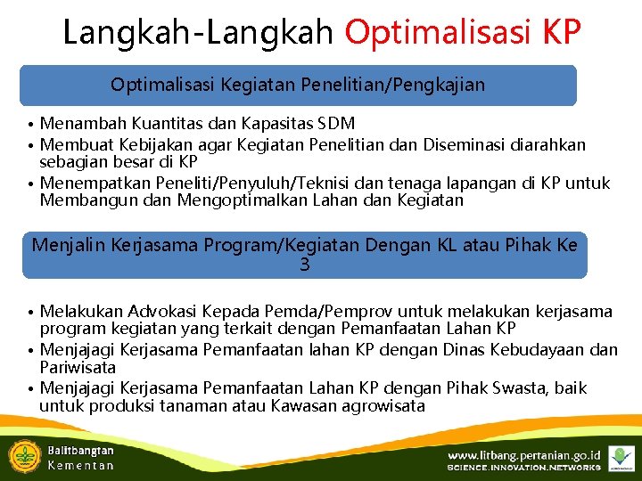 Langkah-Langkah Optimalisasi KP Optimalisasi Kegiatan Penelitian/Pengkajian • Menambah Kuantitas dan Kapasitas SDM • Membuat