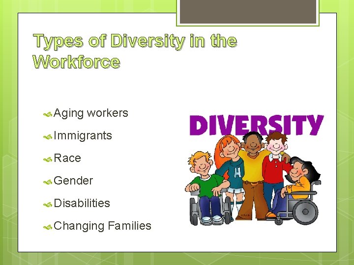 Types of Diversity in the Workforce Aging workers Immigrants Race Gender Disabilities Changing Families