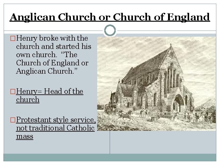 Anglican Church or Church of England �Henry broke with the church and started his