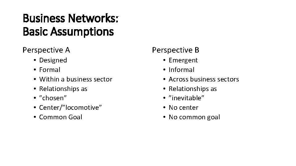 Business Networks: Basic Assumptions Perspective A • • Designed Formal Within a business sector