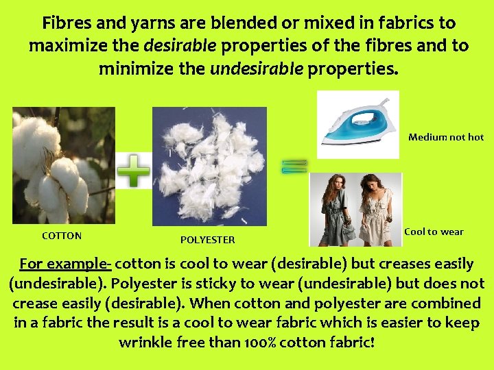Fibres and yarns are blended or mixed in fabrics to maximize the desirable properties