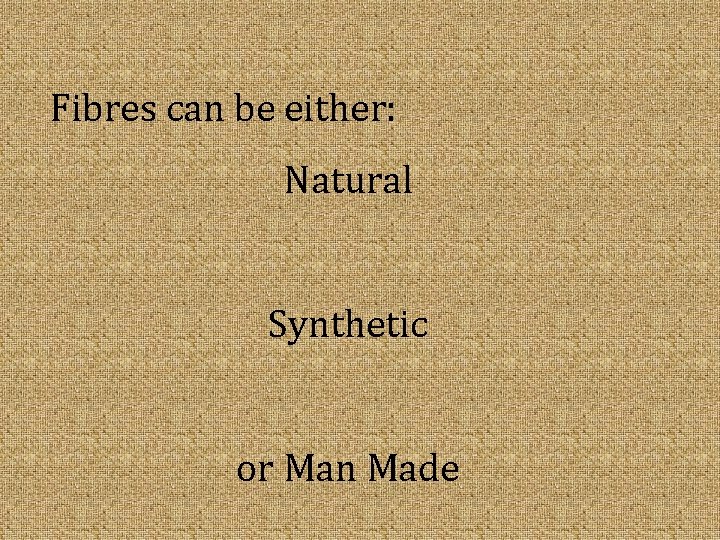 Fibres can be either: Natural Synthetic or Man Made 