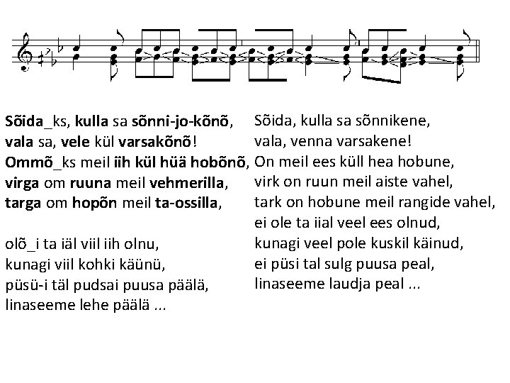 Sõida_ks, kulla sa sõnni-jo-kõnõ, Sõida, kulla sa sõnnikene, vala, venna varsakene! vala sa, vele