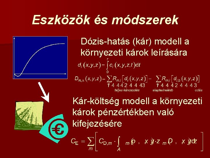 Eszközök és módszerek Dózis-hatás (kár) modell a környezeti károk leírására Kár-költség modell a környezeti