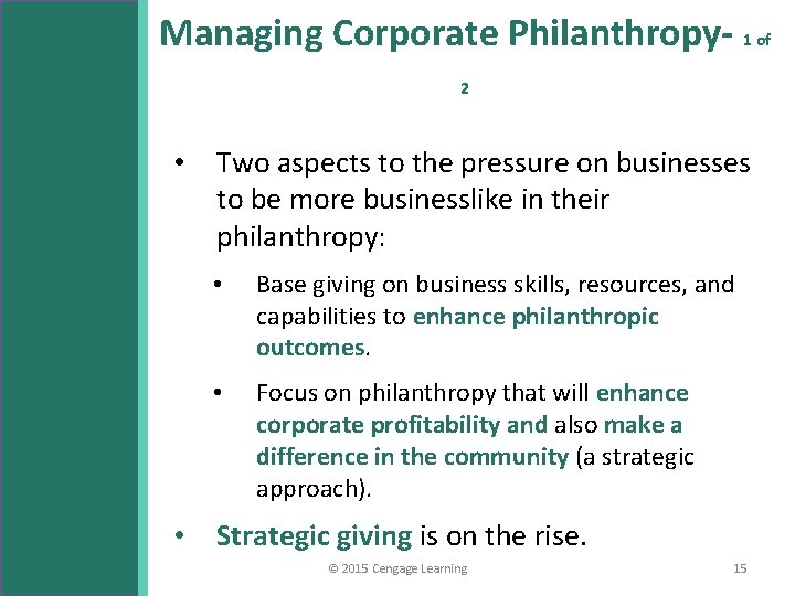 Managing Corporate Philanthropy- 1 of 2 • • Two aspects to the pressure on