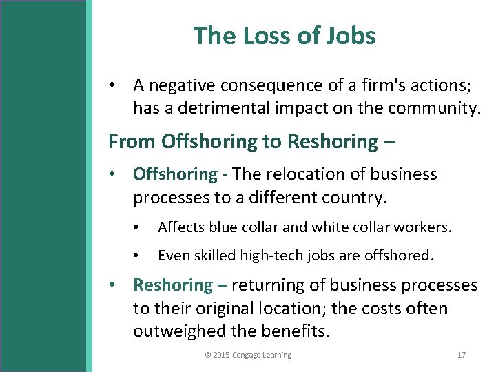 The Loss of Jobs • A negative consequence of a firm's actions; has a