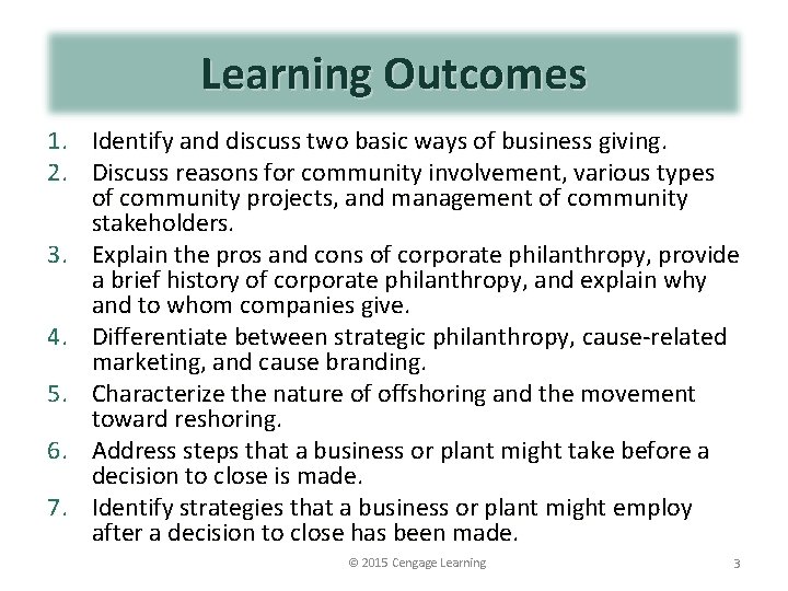 Learning Outcomes 1. Identify and discuss two basic ways of business giving. 2. Discuss
