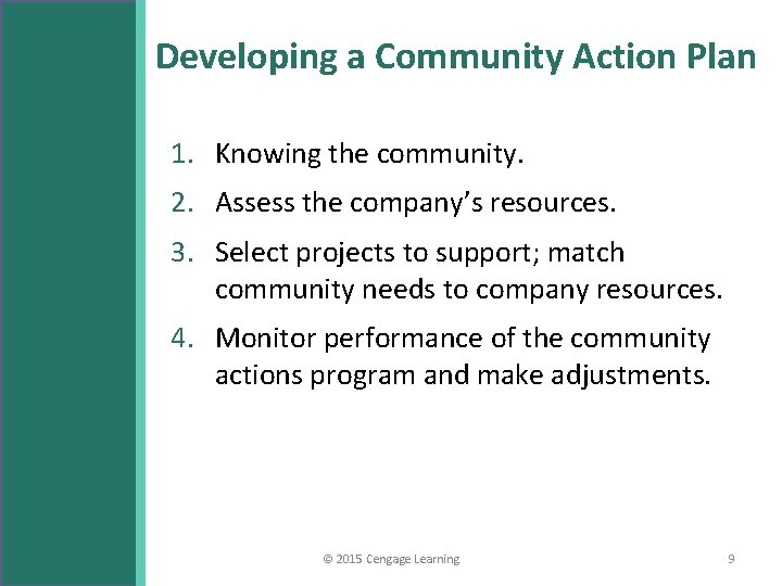 Developing a Community Action Plan 1. Knowing the community. 2. Assess the company’s resources.