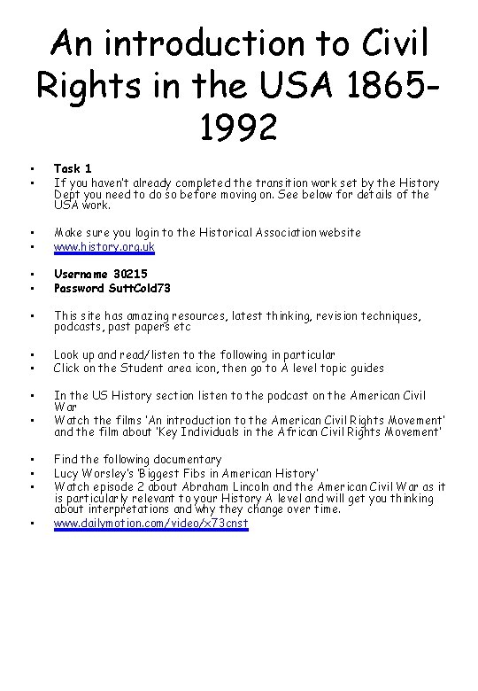 An introduction to Civil Rights in the USA 18651992 • • Task 1 If