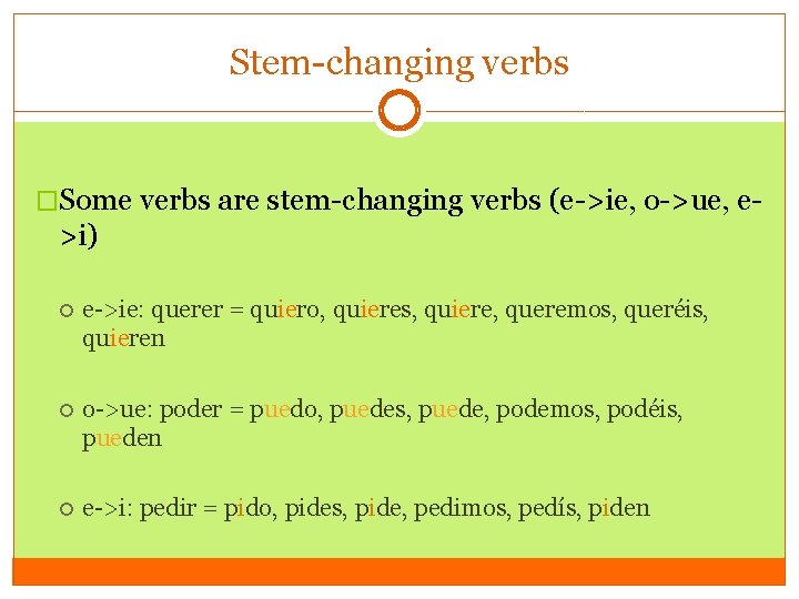 Stem-changing verbs �Some verbs are stem-changing verbs (e->ie, o->ue, e- >i) e->ie: querer =