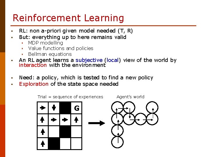 Reinforcement Learning § § RL: non a-priori given model needed (T, R) But: everything