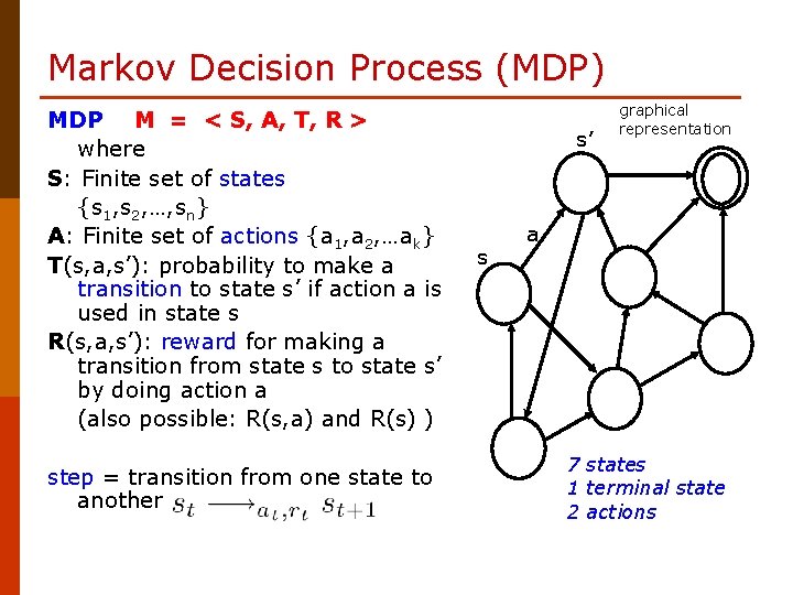 Markov Decision Process (MDP) MDP M = < S, A, T, R > where