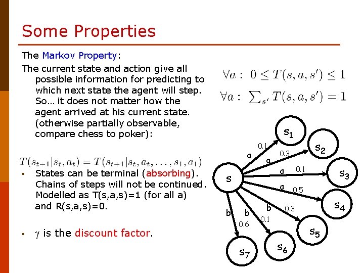 Some Properties The Markov Property: The current state and action give all possible information