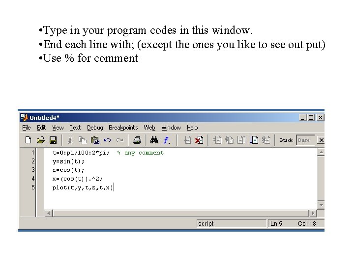  • Type in your program codes in this window. • End each line
