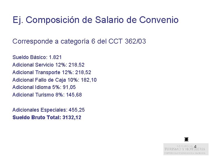 Ej. Composición de Salario de Convenio Corresponde a categoría 6 del CCT 362/03 Sueldo