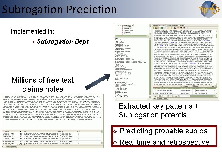 Subrogation Outline Prediction Implemented in: § Subrogation Dept Millions of free text claims notes