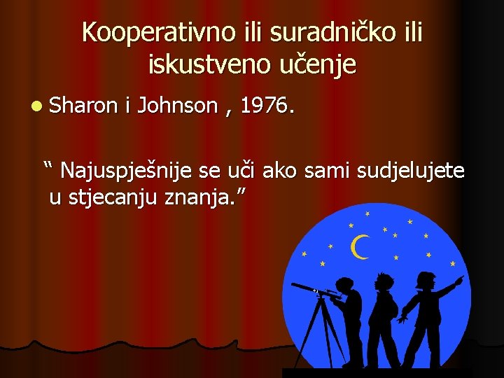 Kooperativno ili suradničko ili iskustveno učenje l Sharon i Johnson , 1976. “ Najuspješnije