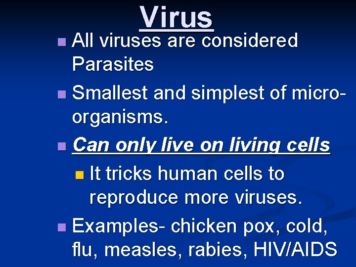 n All Virus viruses are considered Parasites n Smallest and simplest of microorganisms. n