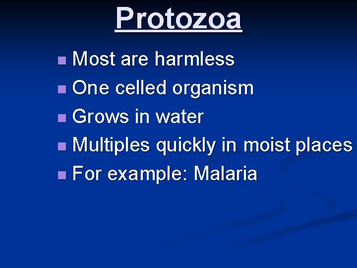 Protozoa n Most are harmless n One celled organism n Grows in water n