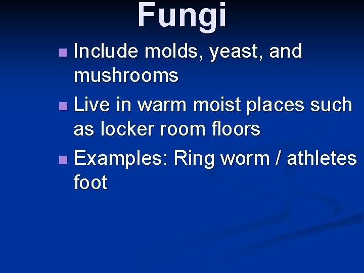 Fungi n Include molds, yeast, and mushrooms n Live in warm moist places such