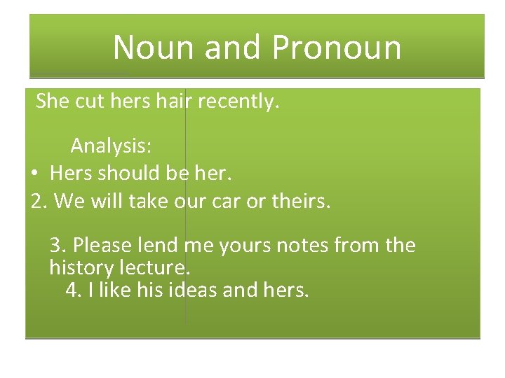 Noun and Pronoun She cut hers hair recently. Analysis: • Hers should be her.