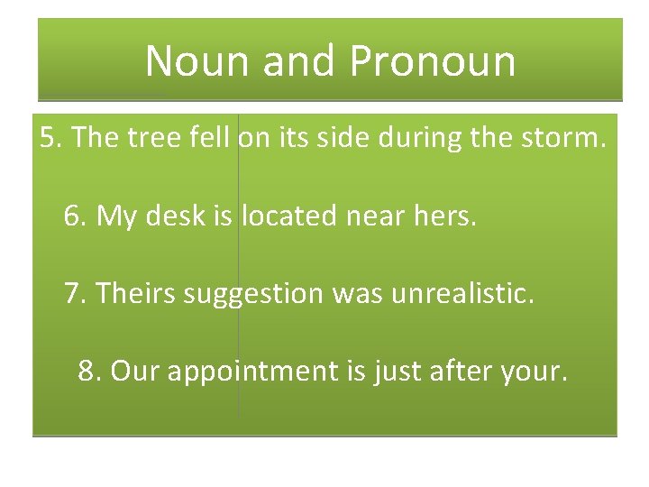 Noun and Pronoun 5. The tree fell on its side during the storm. 6.