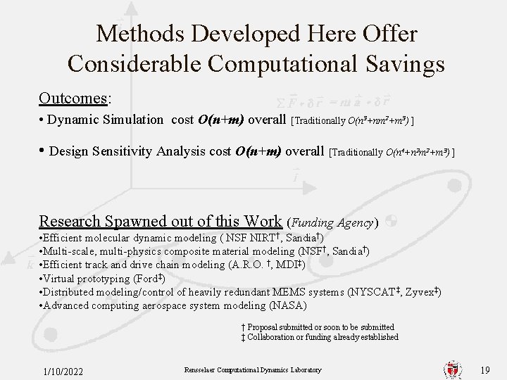 Methods Developed Here Offer Considerable Computational Savings Outcomes: • Dynamic Simulation cost O(n+m) overall
