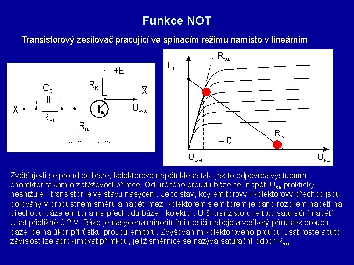 Funkce NOT Transistorový zesilovač pracující ve spínacím režimu namísto v lineárním Zvětšuje-li se proud