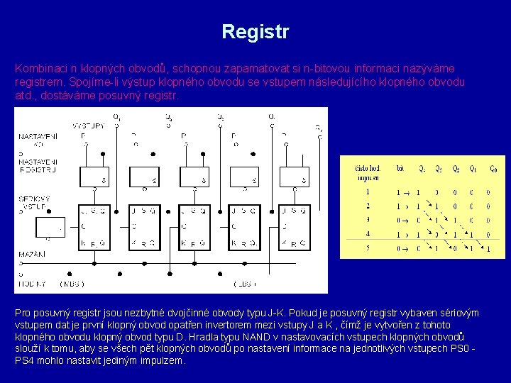 Registr Kombinaci n klopných obvodů, schopnou zapamatovat si n-bitovou informaci nazýváme registrem. Spojíme-li výstup