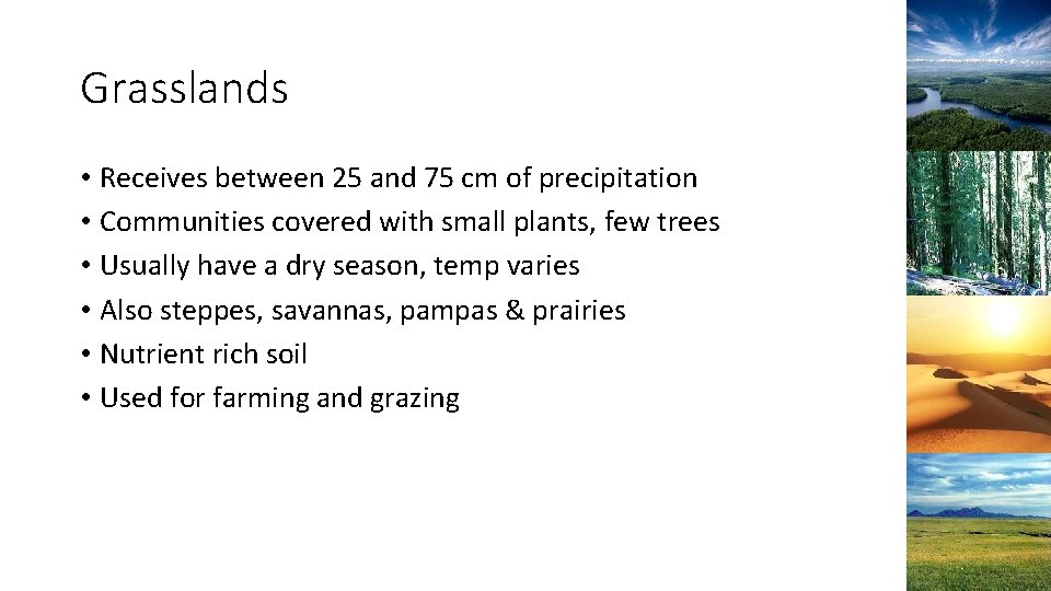 Grasslands • Receives between 25 and 75 cm of precipitation • Communities covered with