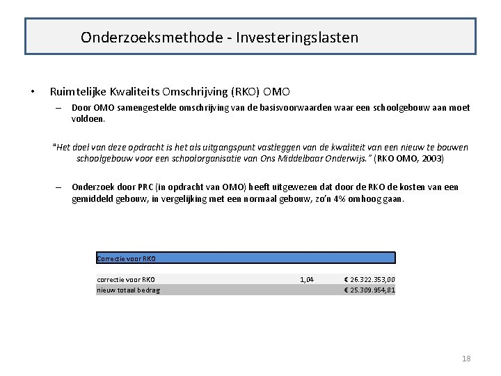 Onderzoeksmethode - Investeringslasten • Ruimtelijke Kwaliteits Omschrijving (RKO) OMO – Door OMO samengestelde omschrijving