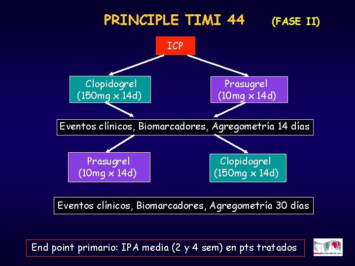 PRINCIPLE TIMI 44 (FASE II) ICP Clopidogrel (150 mg x 14 d) Prasugrel (10